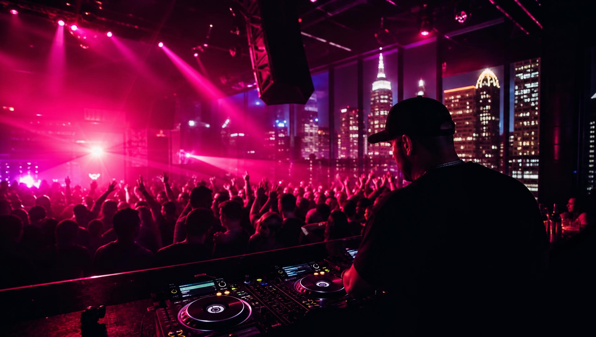 DJ performing under neon pink lights in a packed nightclub