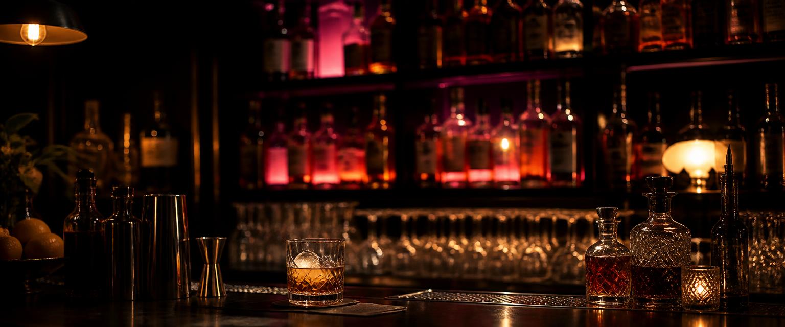 A dark cocktail bar with a glowing bottle shelf