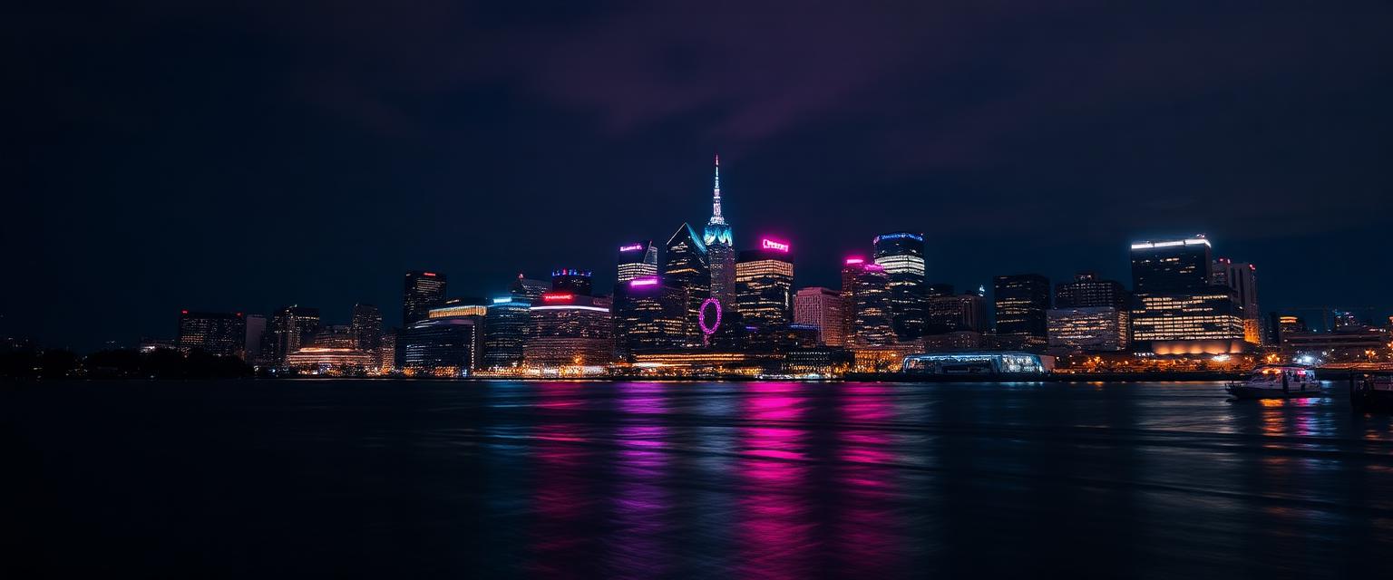 Boston skyline lit up at night across the water