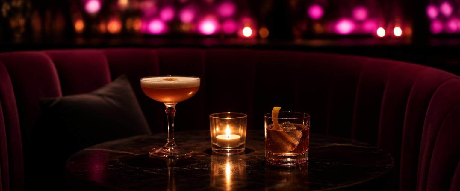 Two cocktails in a candlelit bar booth